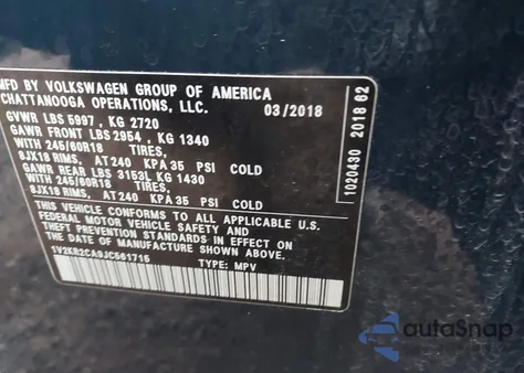 2018 Volkswagen Atlas 3.6L V6 Se из США, поврежденный, VIN 1V2KR2CA9JC561715